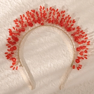 Luxury handmade red crystal crown headband with golden beaded branch design for weddings