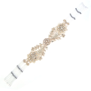 Middle Eastern style gold floral hair chain with rhinestones and white pearl beads