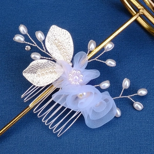 Elegant bridal hair comb with light blue fabric flowers, pearls and golden leaves detail