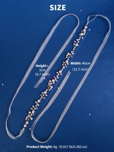 Size chart showing 40cm handmade pearl bridal belt with ribbon on blue background