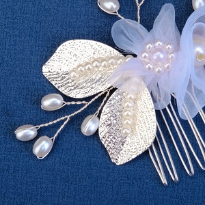 Bridal hair comb with light blue gauze flowers, gold leaves and white pearls for weddings
