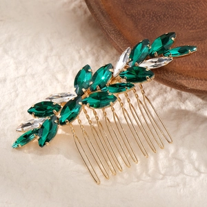 Peigne à cheveux de mariée doré avec strass en cristal vert émeraude et blanc pur