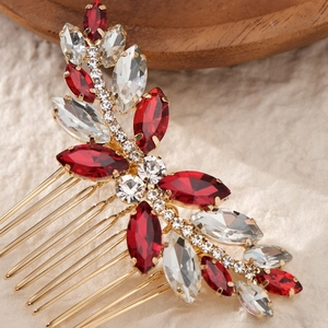 Peigne à cheveux de mariée avec cristaux rouges et blancs en monture dorée