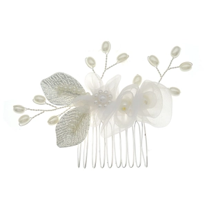 Elegant bridal hair comb with white fabric flowers, silver leaves, and pearls for weddings