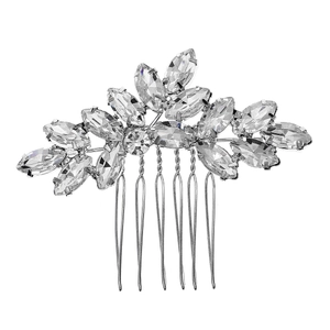 Bridal rhinestone hair comb with silver leaf-shaped crystals for wedding hair styling