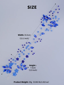 Detail view of blue crystal bridal headband with dimensions and weight measurements