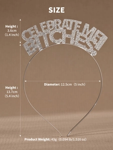 Detailed sizing chart for the rhinestone letter headband with dimensions and product weight