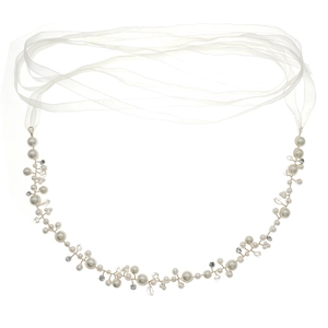 Handmade pearl and crystal vine waist belt with white organza ribbon for party dresses