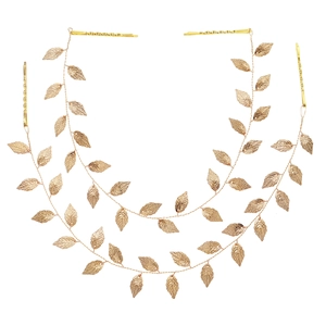 Handmade golden leaf hairband with metallic texture and clips for bridal hair styling