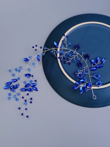 Detail of blue crystal hair vine with sapphire beads and silver wire for bridal hair