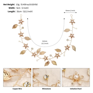 Détail du bandeau de mariée doré de 31 cm avec cristaux strass et perles d'imitation