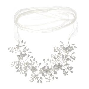 Silver bridal sash with alloy leaves, marquise crystals, and pearls on white organza ribbon