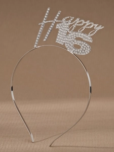 Detailed view of silver Happy 16 metal headband with sparkling rhinestones for birthday party