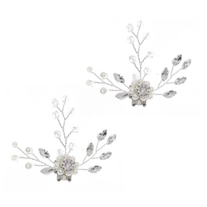 Close-up of pearl and crystal flower branch hair pins with silver metallic wire design