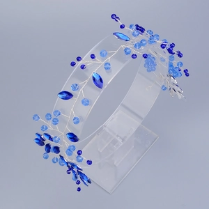 Serre-tête de mariée en cristal bleu avec fleurs en perles faites à la main pour mariage