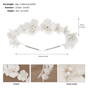 Detail view of handmade bridal headband with white ceramic flowers and acrylic crystal beads