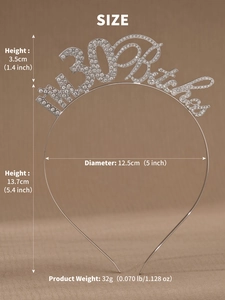 Detail view of silver 30th birthday headband with rhinestones and size specifications