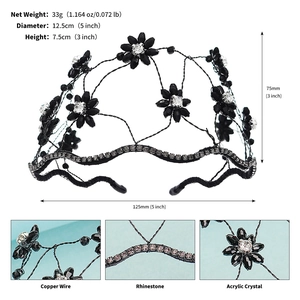 Close-up of handmade black mesh bridal headband with crystal flowers and rhinestones