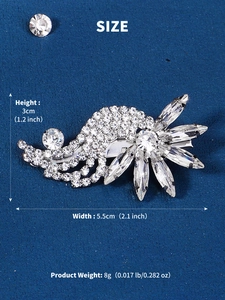 Detailed close-up of sparkling rhinestone flower hair clip with silver finish and dimensions