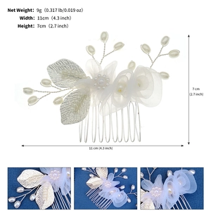 Détails du peigne à cheveux fait main avec fleurs en tissu, feuilles en alliage et perles