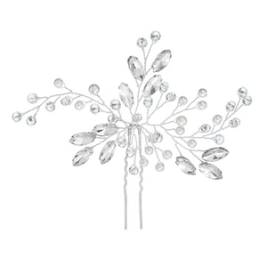 Macro detail of silver wire flower hair pin with pearls and crystals for bridal hair