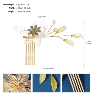 Detailed size specifications of the handmade bridal hair comb with copper wire weaving