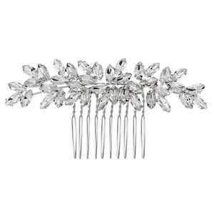 Bridal rhinestone hair comb with silver leaf pattern and marquise crystals