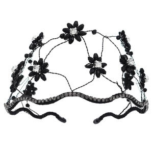 Handmade black beaded mesh headband with crystal floral accents and sparkling rhinestones