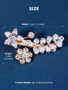 Detailed macro view showing the precise dimensions of the sparkling floral rhinestone hair clip