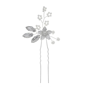 Detail of silver floral bridal hair pin with crystal leaves and delicate white beads