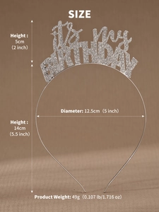Detail view of the silver rhinestone headband showing 14cm height and 12.5cm diameter