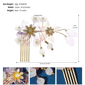 Chinese style hair comb with pink resin flowers and pearls for weddings and parties