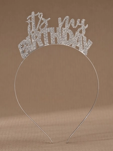 Detail shot of silver 'It's My BIRTHDAY' headband with sparkling rhinestones for parties