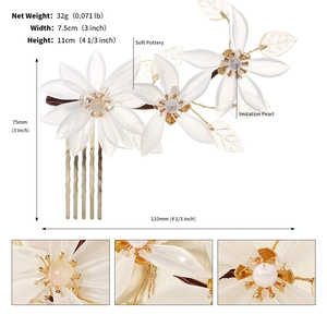 Bridal acrylic flower hair comb with imitation pearls and gold finish leaf details