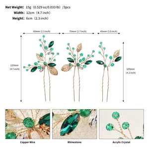 Detailed size chart for handmade emerald rhinestone hair pins set with copper wire
