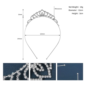 Detailed size chart of the rhinestone crown headband showing 12cm diameter and 14g weight