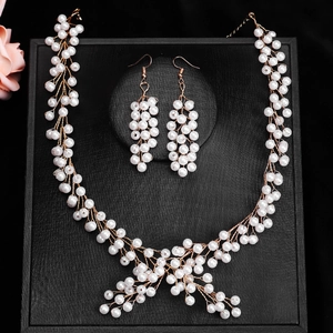 Luxurious Artificial Pearl Crystal Bridal Jewelry For Women Handmade Copper Wire Flower Vine Necklace And Dangle Earrings Banquet Accessories