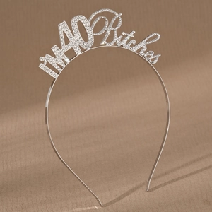 Sparkling silver rhinestone tiara headband with I'M 40 Bitches text for birthday parties