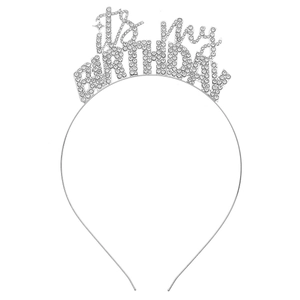 Silver rhinestone birthday headband featuring It's My Birthday crystal lettering