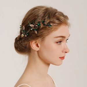 Vintage Gold Alloy Emerald Green Rhinestone Leaf Hair Sticks Handmade Wire Wrapped Wedding Bridal Hair Pins Jewelry For Women