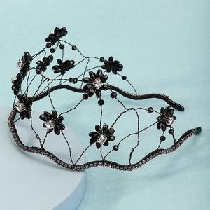 Handmade black crystal beaded headband with floral mesh design and sparkling rhinestones