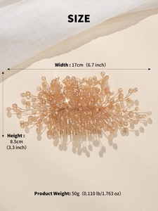 Detailed dimensions of bridal champagne gold crystal hair comb with 17cm width and 8.5cm height