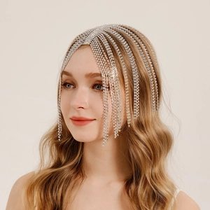 Luxury Alloy Rhinestone Tassel Hair Chain Bridal Hair Accessories Vintage Fringe Mesh Headpiece For Wedding Party Women