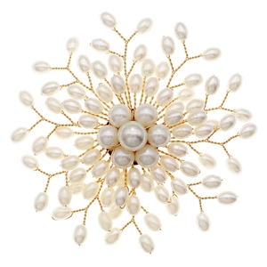 Elegant gold woven pearl brooch in a floral snowflake design for evening dresses