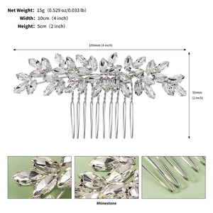 Silver leaf rhinestone hair comb for bridal styling showing 10cm by 5cm dimensions