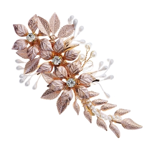 Vintage bridal metal floral hair clip with rose gold leaves, rhinestones and pearls