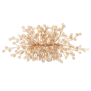 Elegant bridal crystal hair comb with champagne beads and golden branch detailing