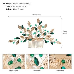 Detailed macro view of the green gemstone hair comb with gold metal leaves and rhinestones