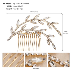 Détail du peigne à cheveux feuilles strass avec dimensions 10x7cm et poids de 18g