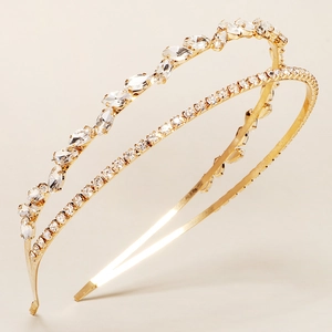 Serre-tête doré double rangée avec strass ronds et marquise pour mariée et fêtes